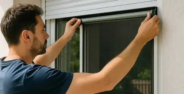 Technicien manipulant le tablier d'un volet roulant blanc
