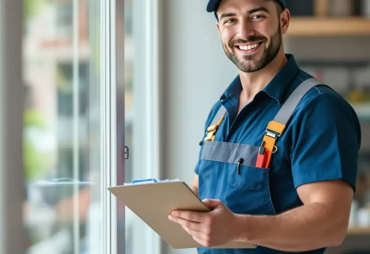 Technicien souriant avec un bloc-notes près d'une fenêtre