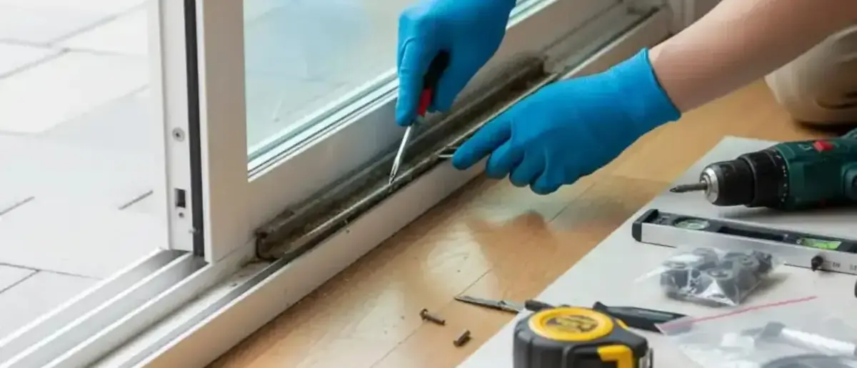 Mains gantées travaillant sur le rail d'une fenêtre