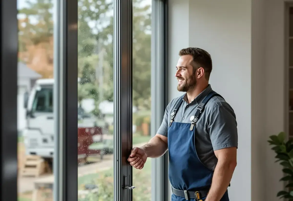 Technicien souriant devant une porte-fenêtre