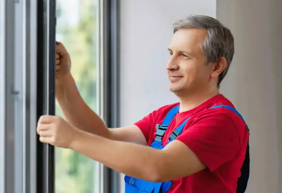 Technicien souriant ouvrant une fenêtre