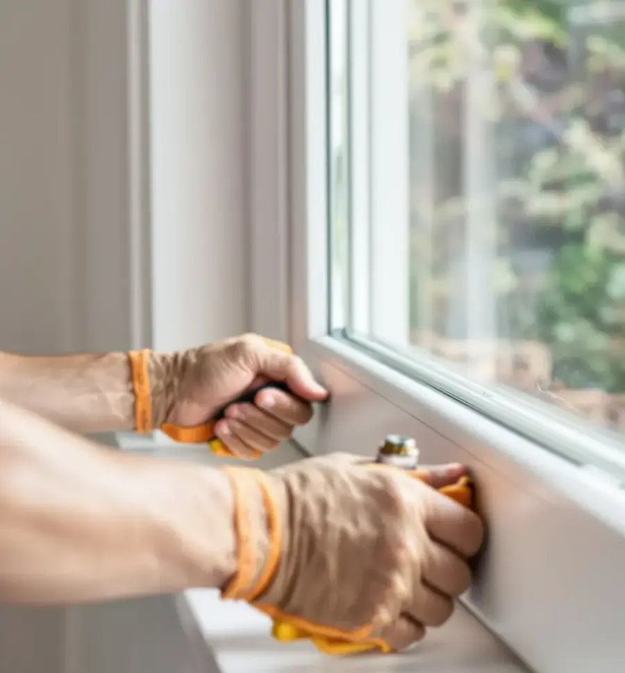 Mains vérifiant le cadre d'une fenêtre blanche