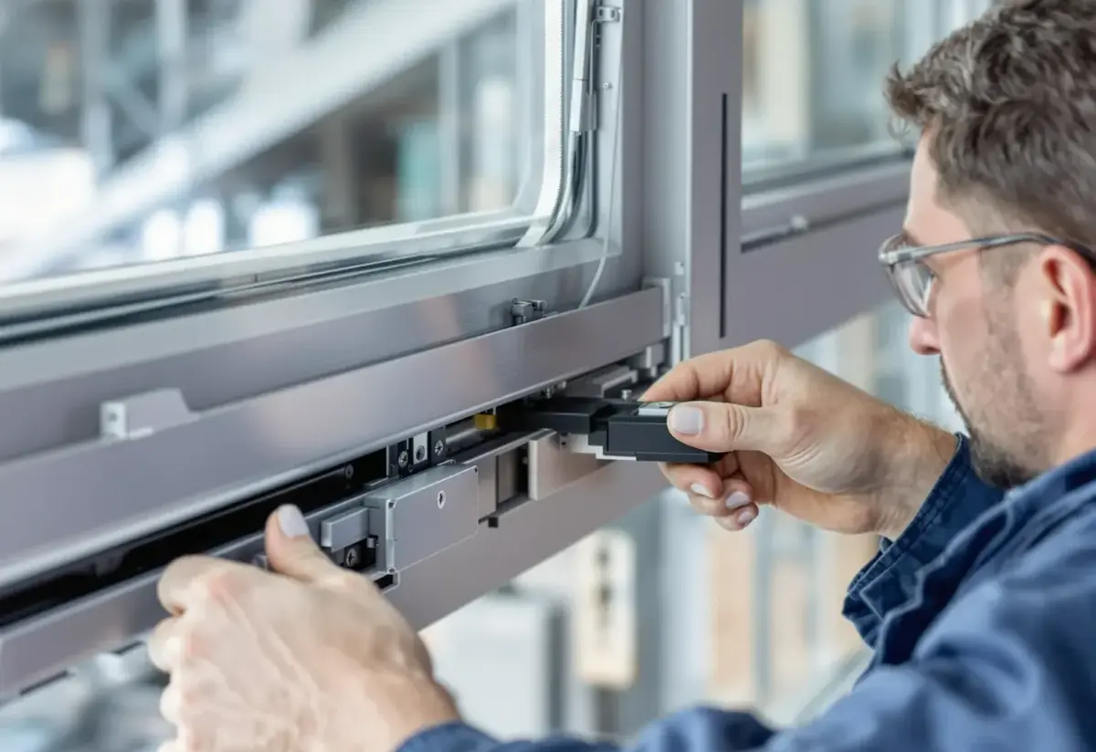 Technicien à lunettes réglant un mécanisme de fenêtre